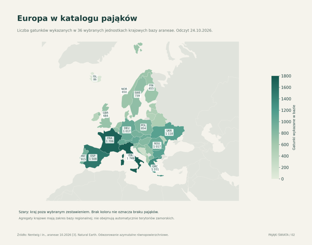 Mapa liczby gatunków wykazanych w europejskiej bazie regionalnej