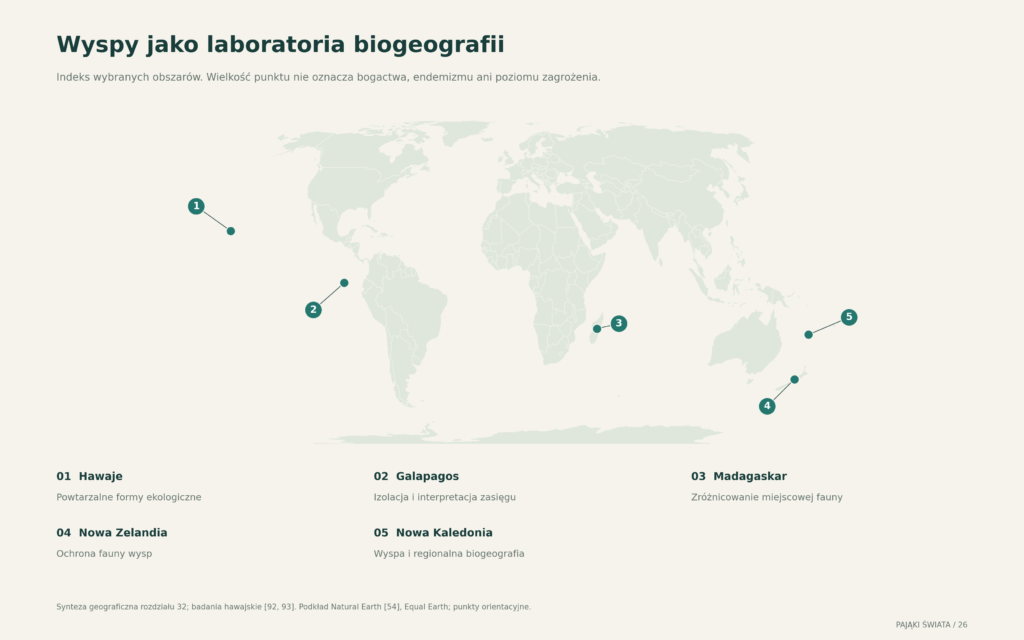 Mapa orientacyjnych położeń wysp i regionów wyspiarskich omawianych w publikacji; oznaczenia służą nawigacji i nie przedstawiają zasięgów gatunków